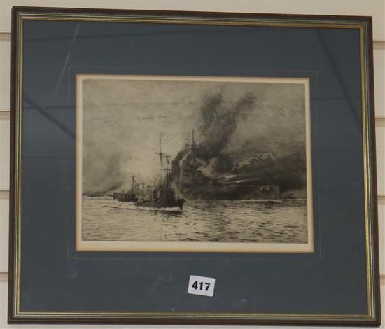 William Lionel Wyllie, etching, HMS Queen Elizabeth at the Dardanelles, signed, 22 x 29cm